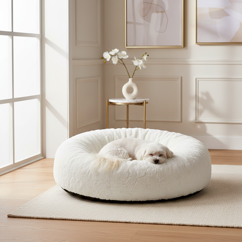 Petit chien blanc endormi dans un lit rond ultra-doux blanc