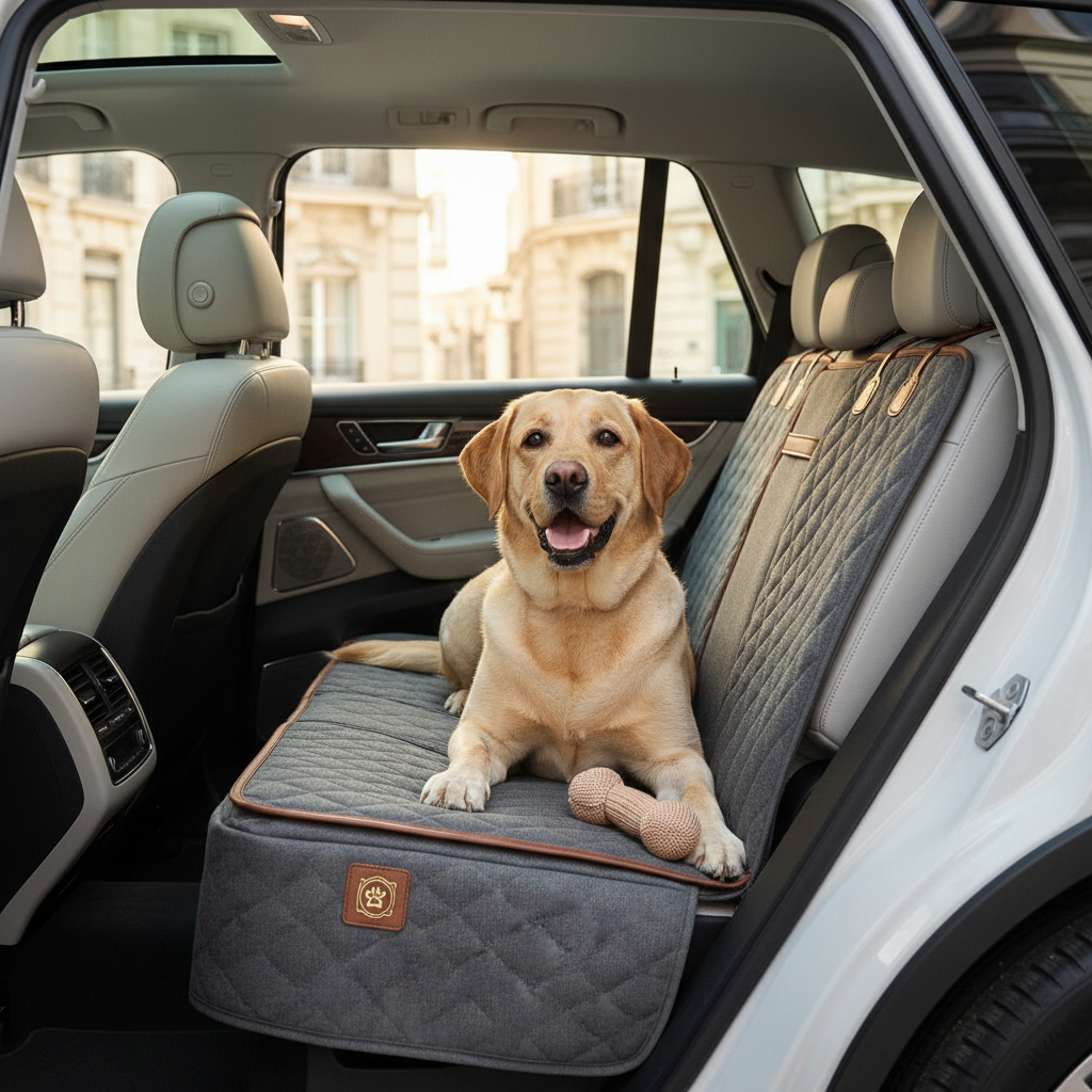 Tapis de voiture imperméable pour chien dans un intérieur de voiture moderne