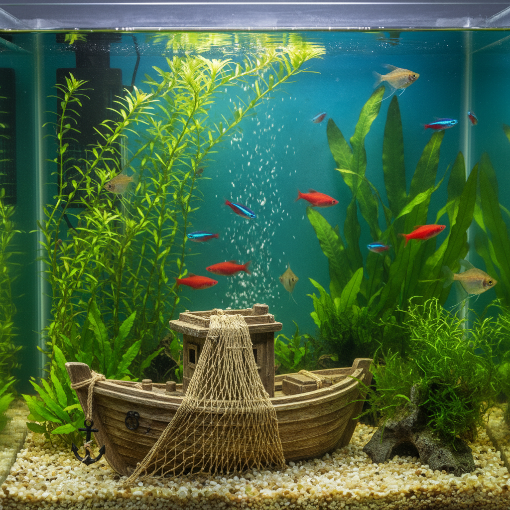 Décoration aquarium bateau filet dans un aquarium tropical